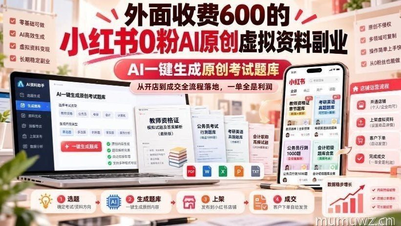 外面收费600的小红书0粉AI原创虚拟资料副业，AI一键生成原创考试题库，从开店到成交全流程落地，一单全是利润