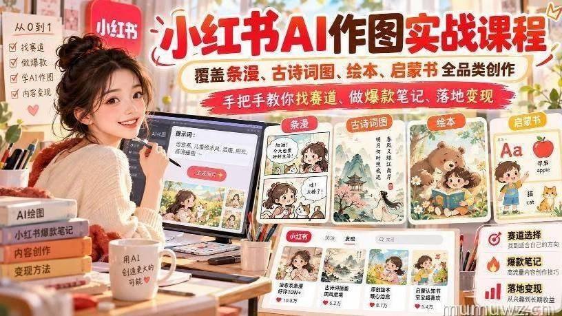 小红书AI作图实战课程,覆盖条漫、古诗词图、绘本、启蒙书全品类创作,手把手教你找赛道、做爆款笔记、落地变现(更新1017)